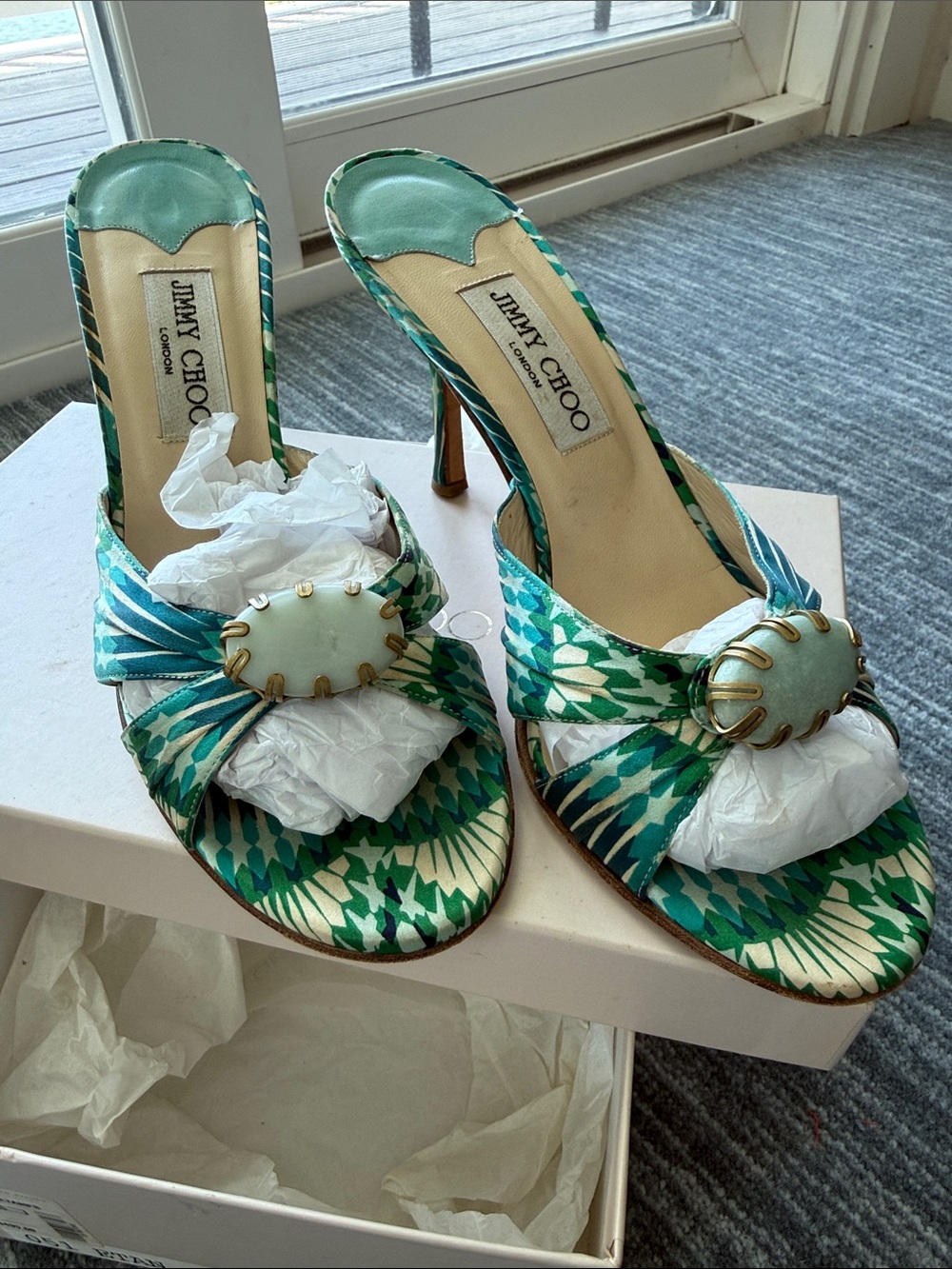 Jimmy Choo Teal and Mint Patterned Satin Slide Heels